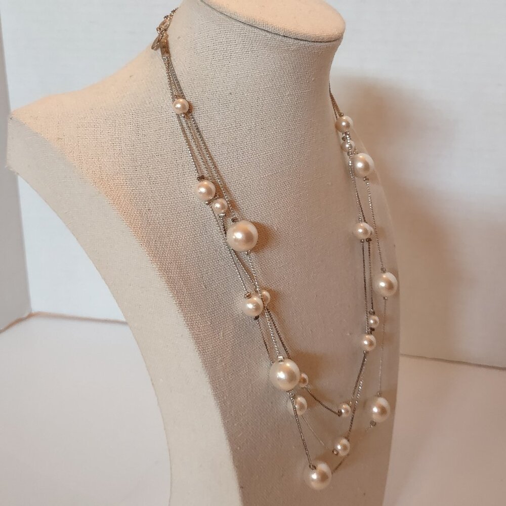 RMN Floating Faux Pearl Necklace Silver Tone Triple Strand Vintage-Inspired - Picture 2 of 6